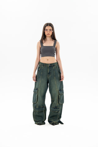 Technical Green Fade Wash Cargo Jeans