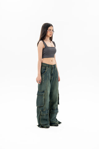 Technical Green Fade Wash Cargo Jeans