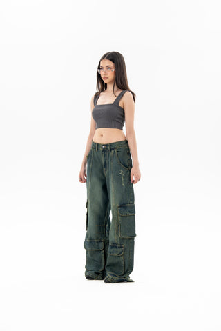 Technical Green Fade Wash Cargo Jeans