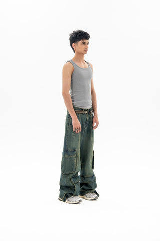 Technical Green Fade Wash Cargo Jeans