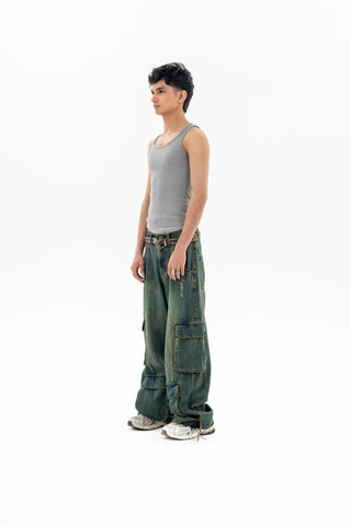 Technical Green Fade Wash Cargo Jeans