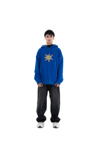 Person wearing a blue hoodie with a star design on a white background