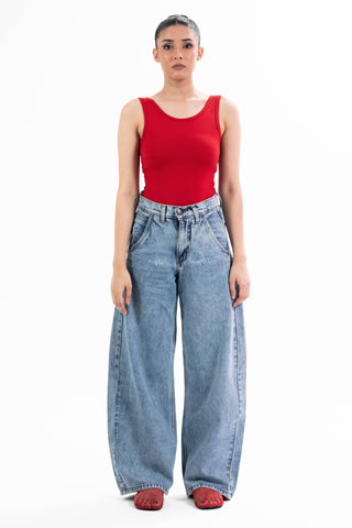 Light wash Nakam Howe wide leg jeans from the KKP collection by Naqees, worn — Pakistani streetwear
