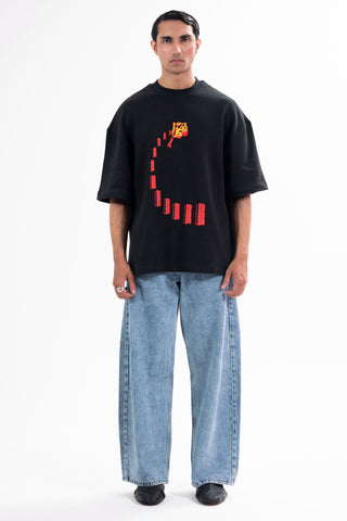 Black Nakam Darwazay tee from the KKP collection by Naqees, worn — Pakistani streetwear