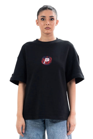 Black Sach Or Jhoot tee from the KKP collection by Naqees, worn — Pakistani streetwear