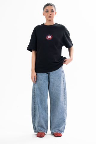 Black Sach Or Jhoot tee from the KKP collection by Naqees, worn — Pakistani streetwear