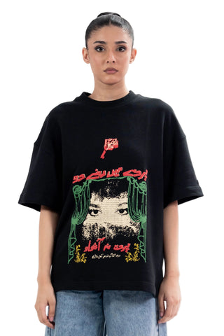 Black Parday Main Rehne Do tee from the KKP collection by Naqees, worn — Pakistani streetwear