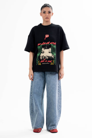 Black Parday Main Rehne Do tee from the KKP collection by Naqees, worn — Pakistani streetwear