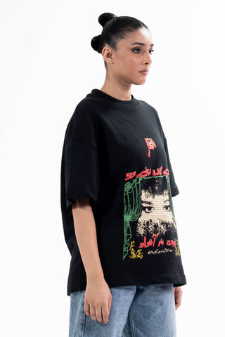 Black Parday Main Rehne Do tee from the KKP collection by Naqees, worn — Pakistani streetwear