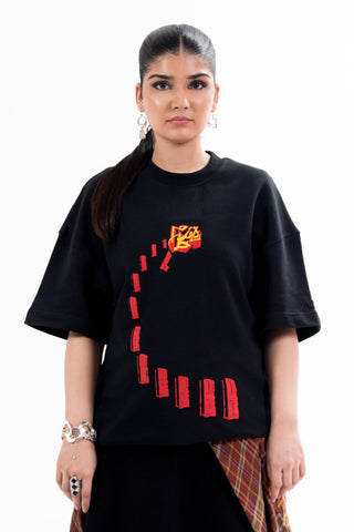 Black Nakam Darwazay tee from the KKP collection by Naqees, worn — Pakistani streetwear