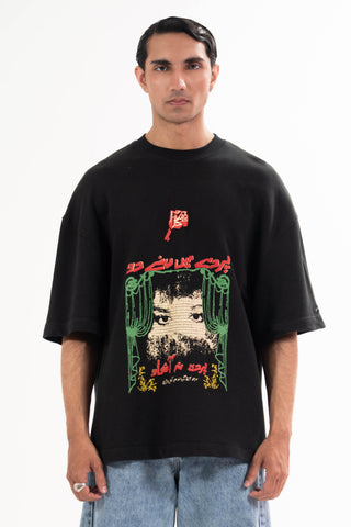Black Parday Main Rehne Do tee from the KKP collection by Naqees, worn — Pakistani streetwear