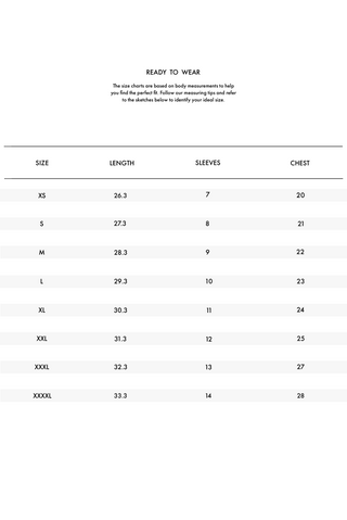 Size chart for clothing with measurements in centimeters and inches.