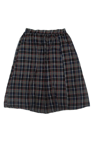 Navy and red check Maze midi skirt by Naqees, flat lay — Pakistani streetwear