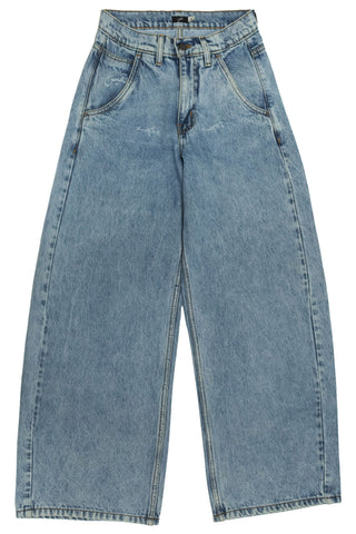 Light wash Nakam Howe wide leg jeans with Urdu pocket embroidery by Naqees, flat lay — Pakistani streetwear