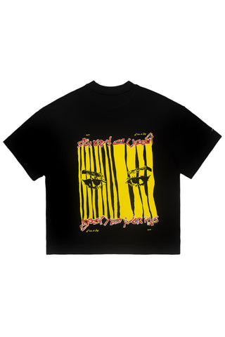 Black Wakeup Call tee with yellow bars and eyes print and Urdu verse by Naqees, flat lay — Pakistani streetwear
