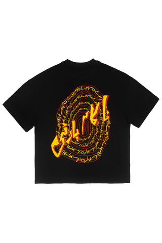 Black Nakam Darwazay tee with receding red doors and key print by Naqees, flat lay — Pakistani streetwear