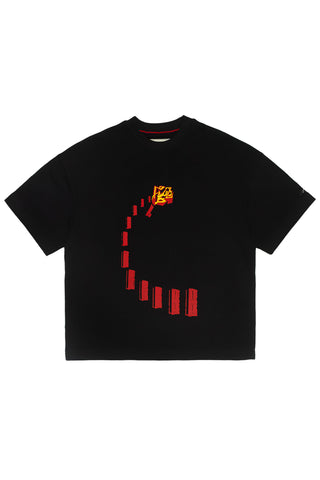 Black Nakam Darwazay tee with receding red doors and key print by Naqees, flat lay — Pakistani streetwear