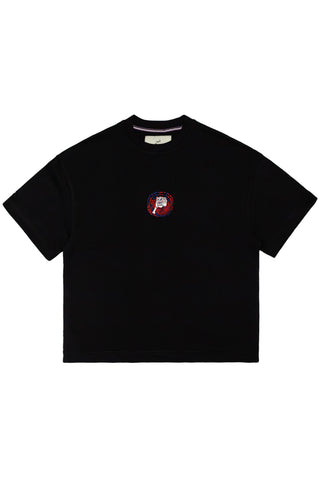 Black Sach Or Jhoot tee with red and blue handshake print and Urdu lettering by Naqees, flat lay — Pakistani streetwear
