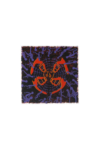 Black KKP Crowd bandana with violet figures and raw fringed edge by Naqees, flat lay — Pakistani streetwear
