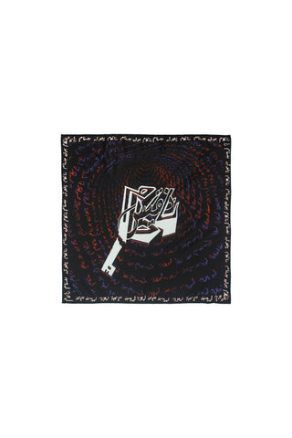 Black KKP Key bandana with white key and Urdu spiral print by Naqees, flat lay — Pakistani streetwear