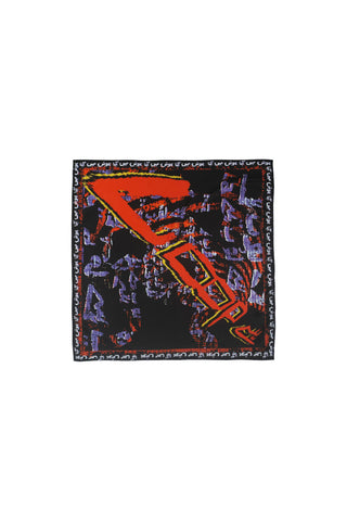 Black KKP Tag bandana with oversized red and yellow graffiti print by Naqees, flat lay — Pakistani streetwear