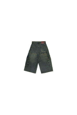 Green fade wash cargo jorts flat lay front