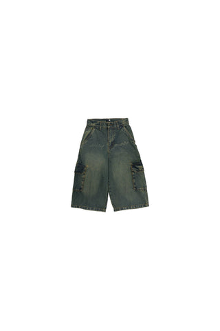 Green fade wash cargo jorts flat lay back