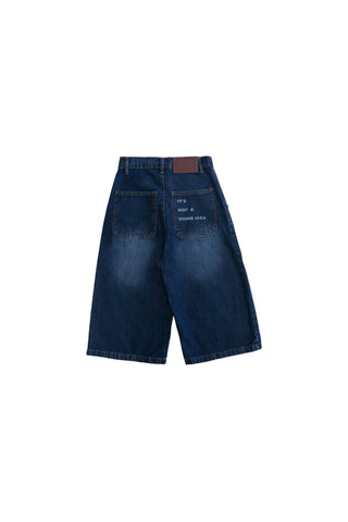 Blue jorts flat lay back