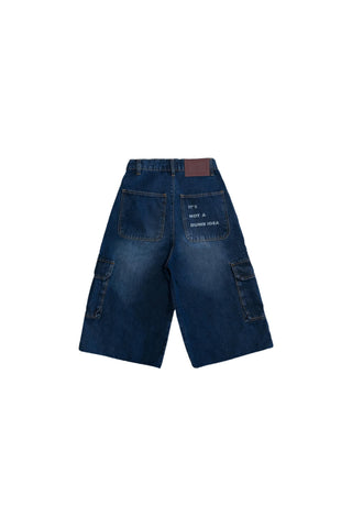 Blue cargo jorts flat lay back