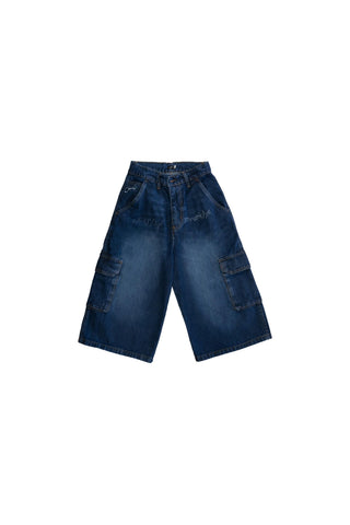 Blue cargo jorts flat lay front