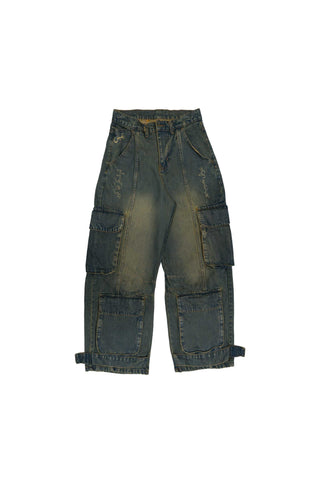 Technical Green Fade Wash Cargo Jeans 2.0 flat lay