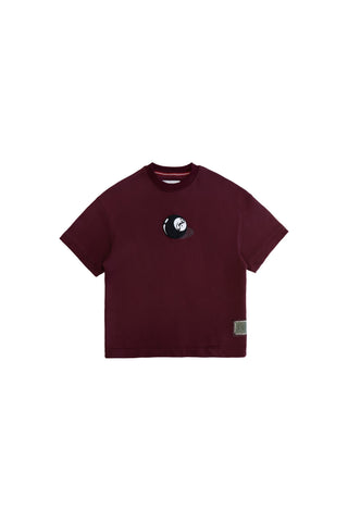 Mahroon tee black logo flat lay front